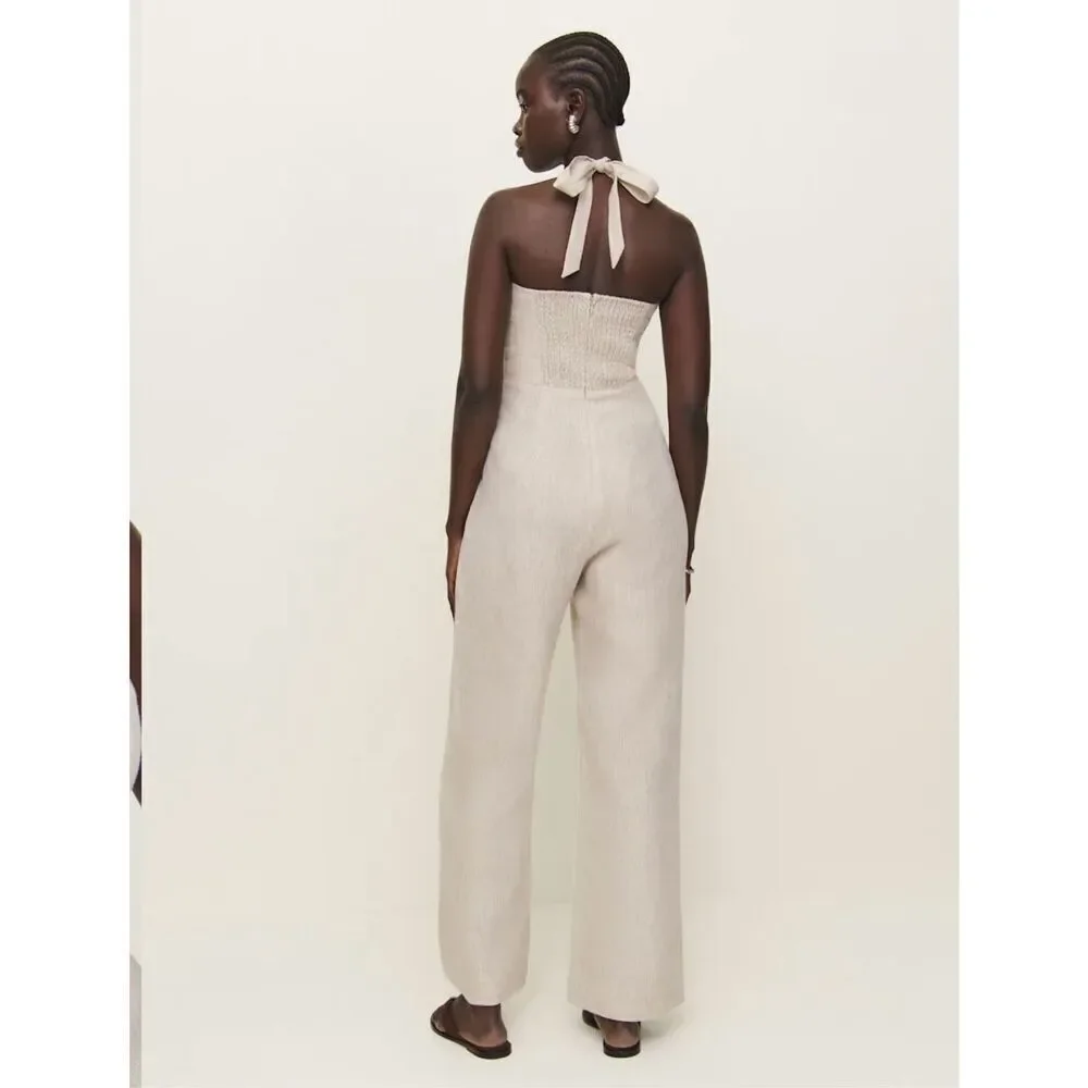 Malika oatmeal romper 100% linen never worn halter top sleeveless wide leg pant